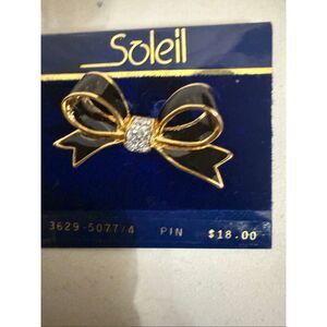 Vintage Soliel Women's Gold-Tone Bling Rhinestones Bow Brooch Pin Black NWT